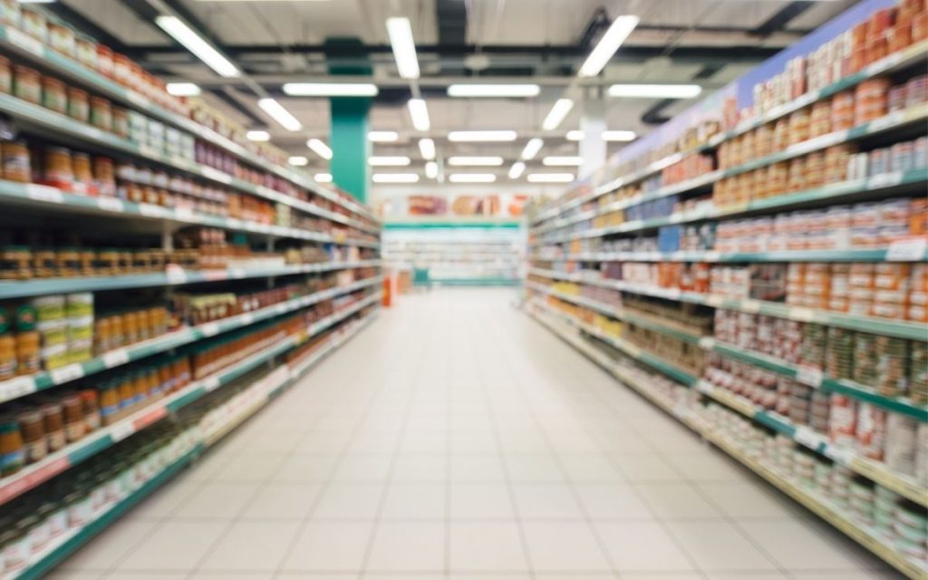 long narrow view of a grocery store aisle 