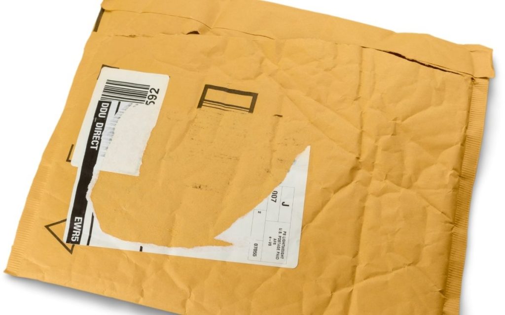 bubble lined paper mailer sits on surface 